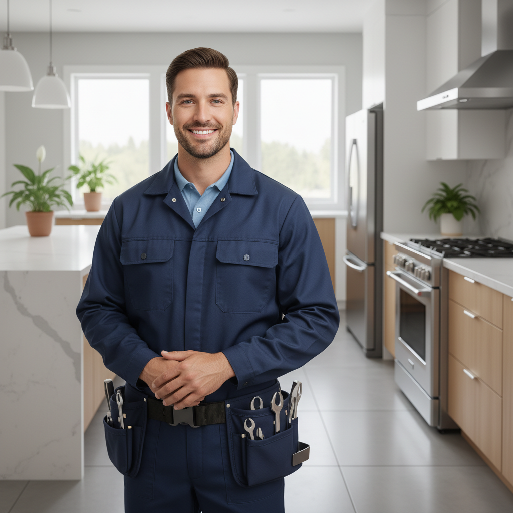 Smiling appliance repair technician in a modern bright kitchen