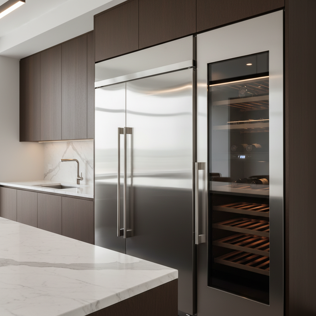 High-end built-in refrigerator and wine cooler in modern kitchen