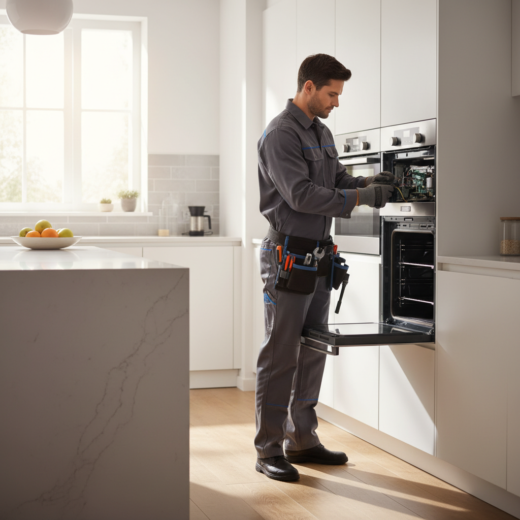 Appliance repair technician repairing a built-in oven